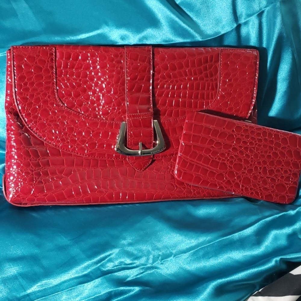 Red snake skin clutch purse with matching wallet
